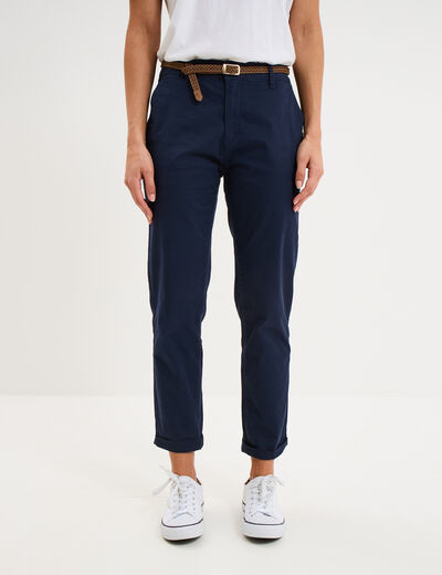 Pantalon chino 7/8&egrave;me ceinture tress&eacute;e bleu marine femme