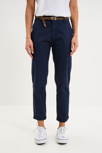 Pantalon chino 7/8&egrave;me ceinture tress&eacute;e bleu marine femme