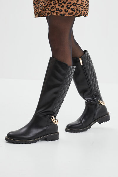 Bottes hautes matelassées avec chaînes noir femme