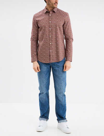 Chemise droite imprimée manches longues marron homme