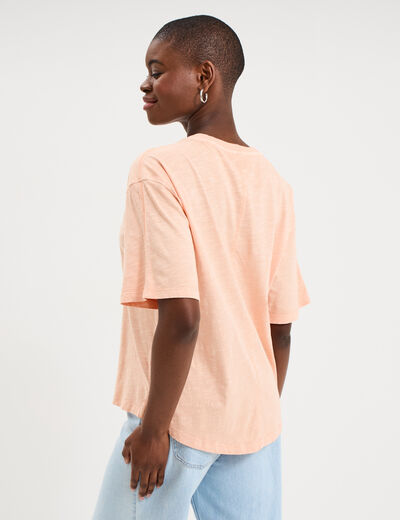 T-shirt col rond manches courtes coton orange corail femme
