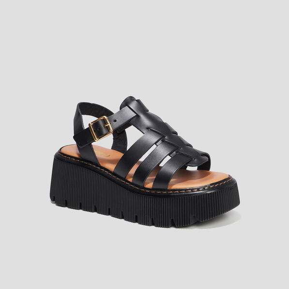 Sandales compensées multibrides en cuir noir femme