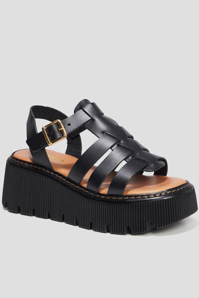 Sandales compensées multibrides en cuir noir femme
