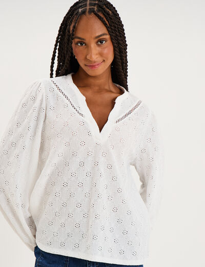 Blouse broderie anglaise manches longues blanc femme