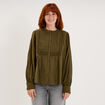 Blouse manches longues galons et fronces vert kaki femme
