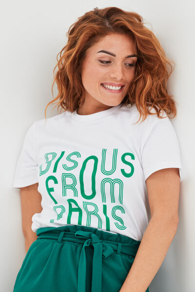 T-shirt boutons strass à l'épaule coton blanc femme