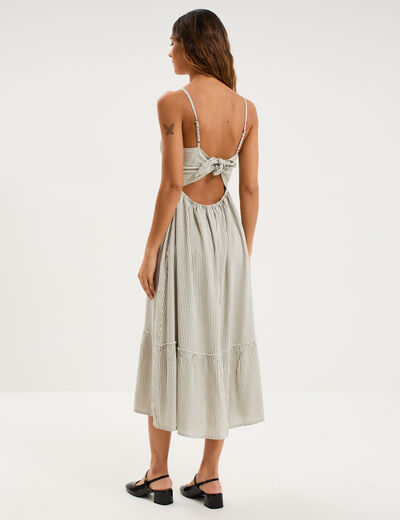 Robe longue buste smock&eacute; lin m&eacute;lang&eacute; blanc femme