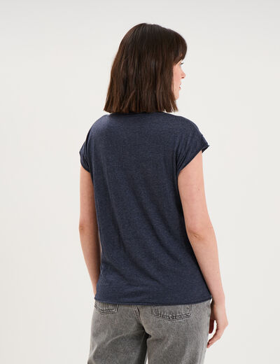 T-shirt col v poche poitrine bleu marine femme