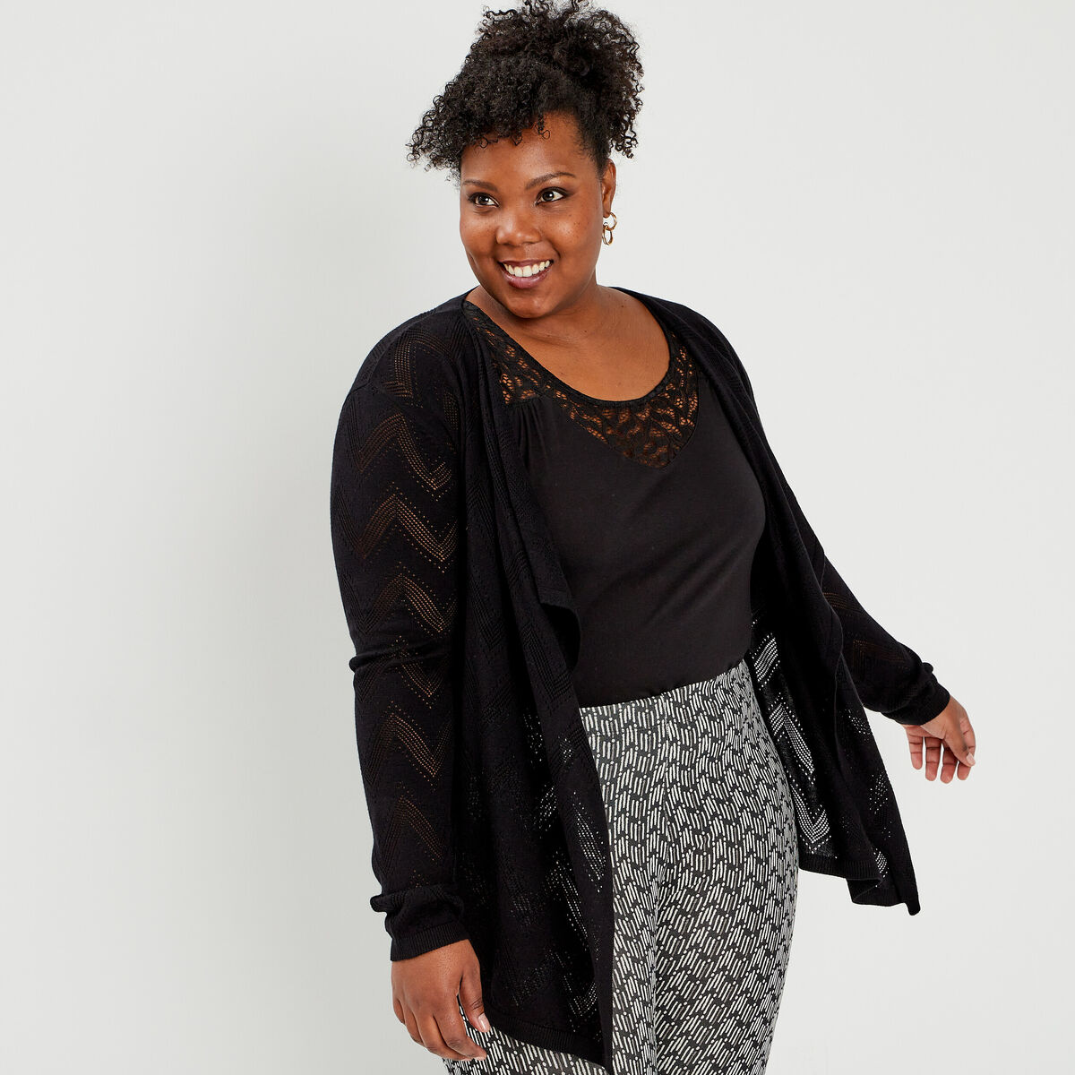 Gilet manches longues col cascade noir femme grande taille