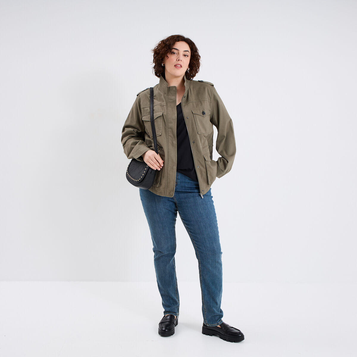 Veste mi-longue ajust&eacute;e coton vert kaki femme grande taille