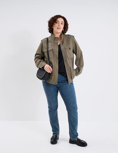 Veste mi-longue ajustée coton vert kaki femme grande taille