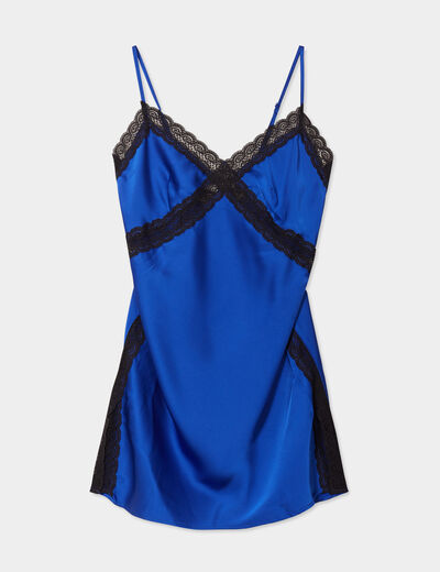 Nuisette effet satin col V avec dentelle bleu electrique femme