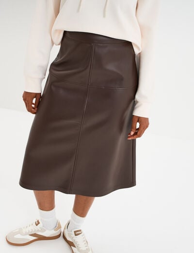 Jupe simili cuir midi trapèze marron foncé femme