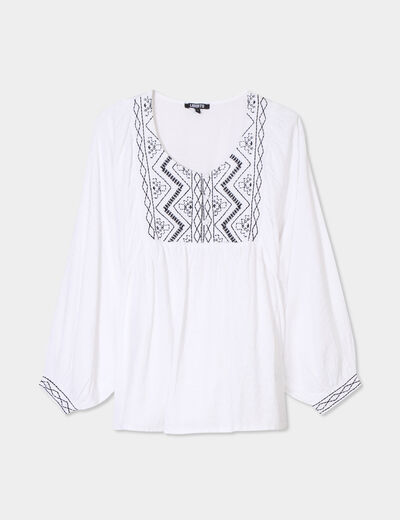 Blouse brodée manches ballons blanc femme