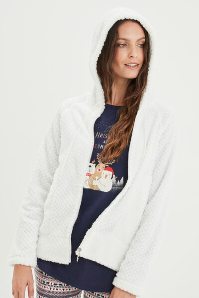 Poncho plaid et pyjama polaire Beige femme : sweat cozy ultra confort !