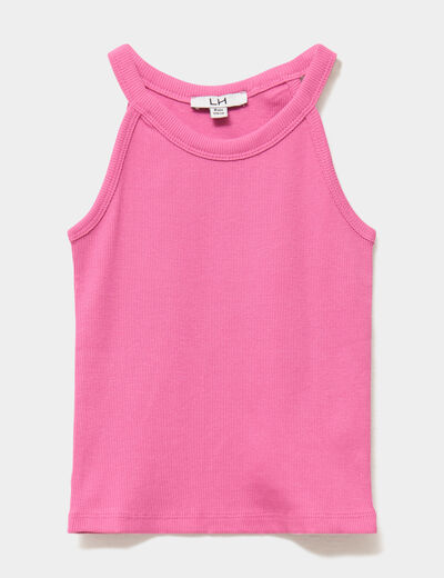 D&eacute;bardeur c&ocirc;tel&eacute; col rond coton rose fushia fille