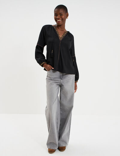 Blouse droite col tunisien avec pompons noir femme