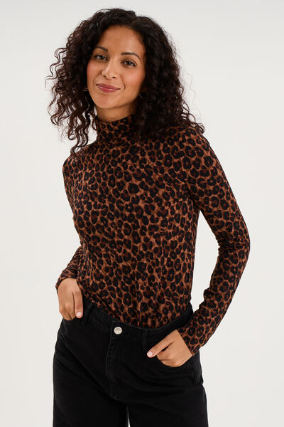T-shirt col roul&eacute; manches longues marron femme