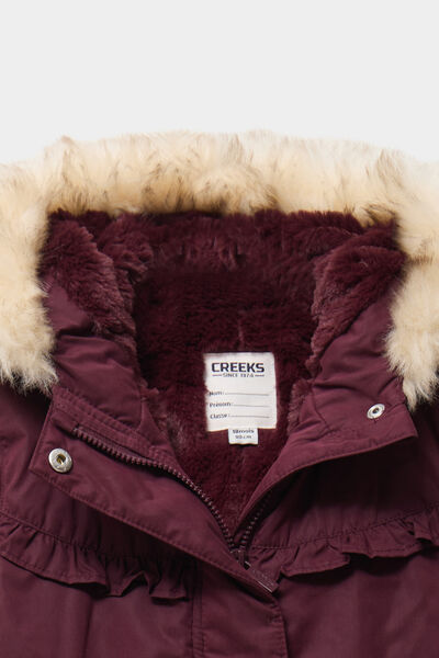 Manteau &agrave; capuche fausse fourrure bordeaux b&eacute;b&eacute; fille