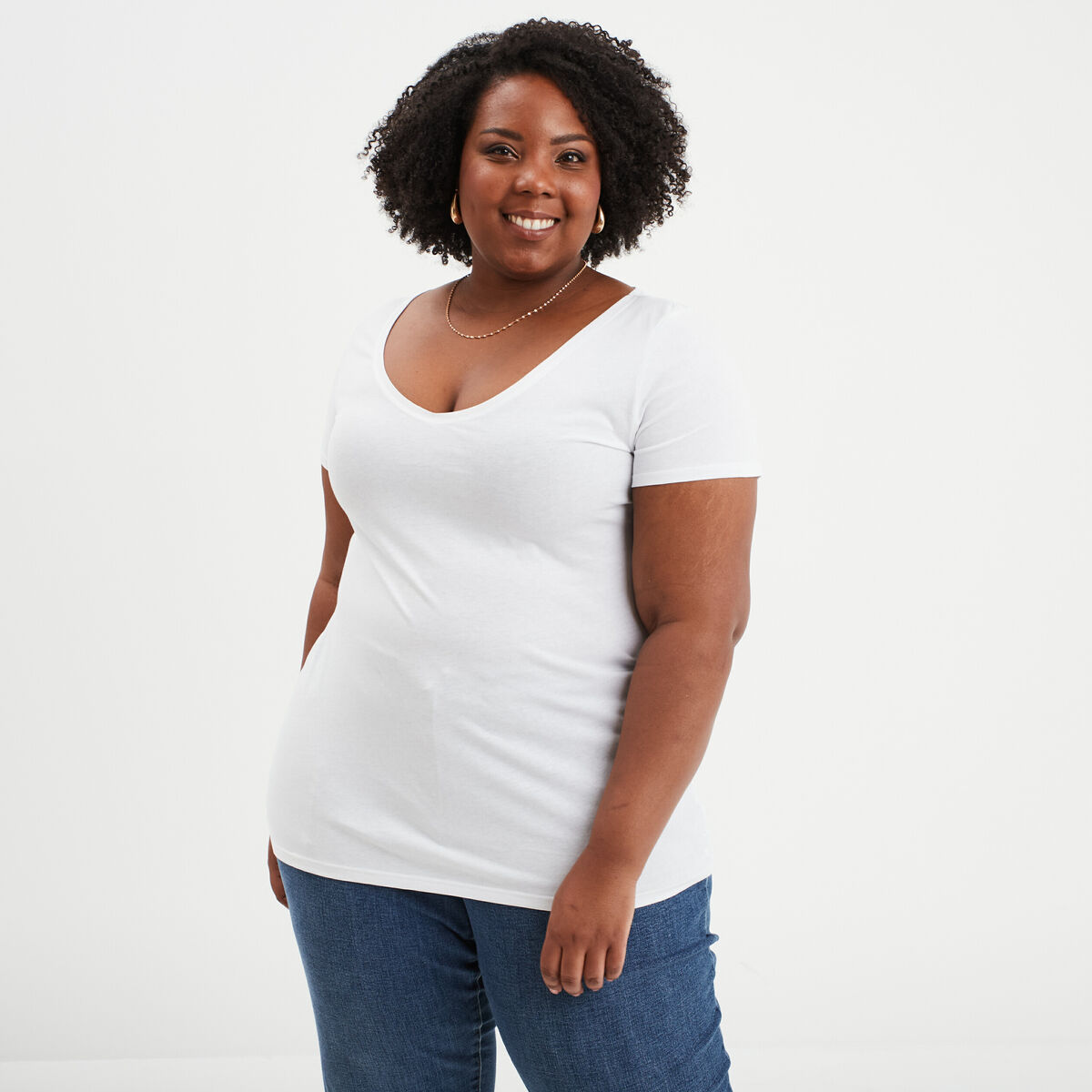 T-shirt col en V manches courtes coton blanc femme grande taille