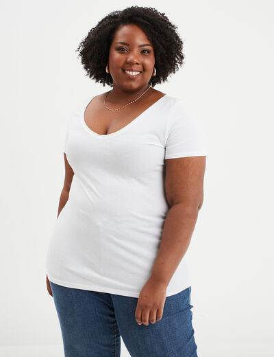 T-shirt col en V manches courtes coton blanc femme grande taille