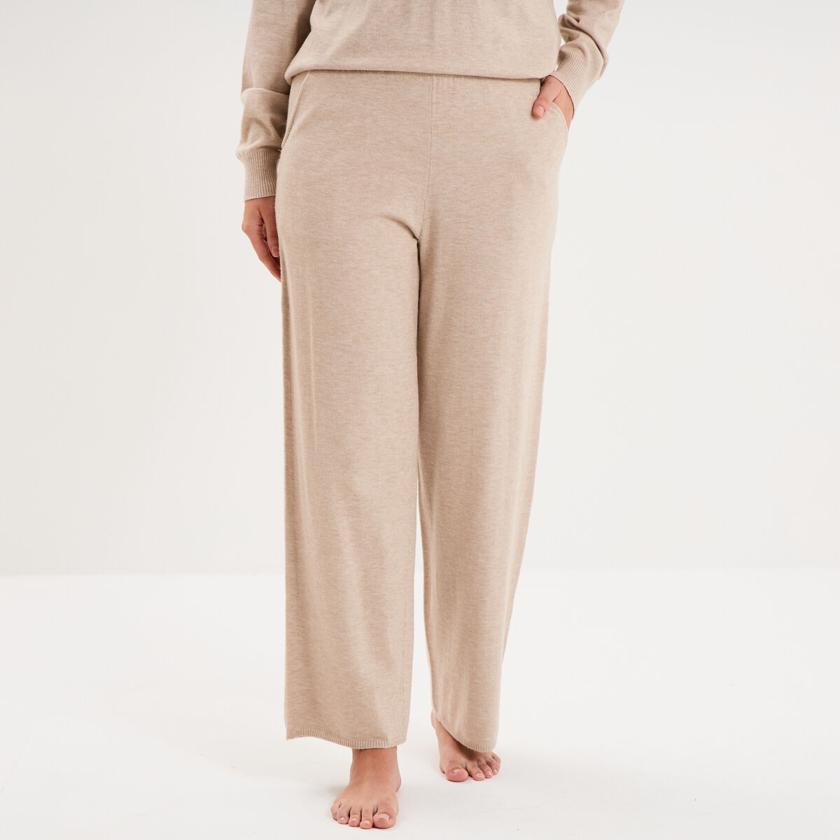 Pantalon de pyjama large en maille beige femme