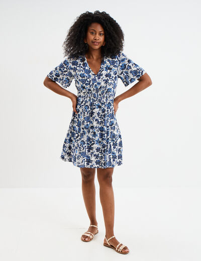 Robe col en V taille smockée Creeks blanc femme