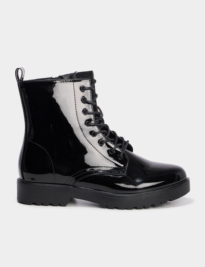 Boots vernies à lacets talons 2 cm noir femme