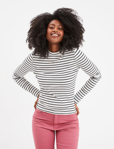 T-shirt côtelé col montant ajusté ecru femme
