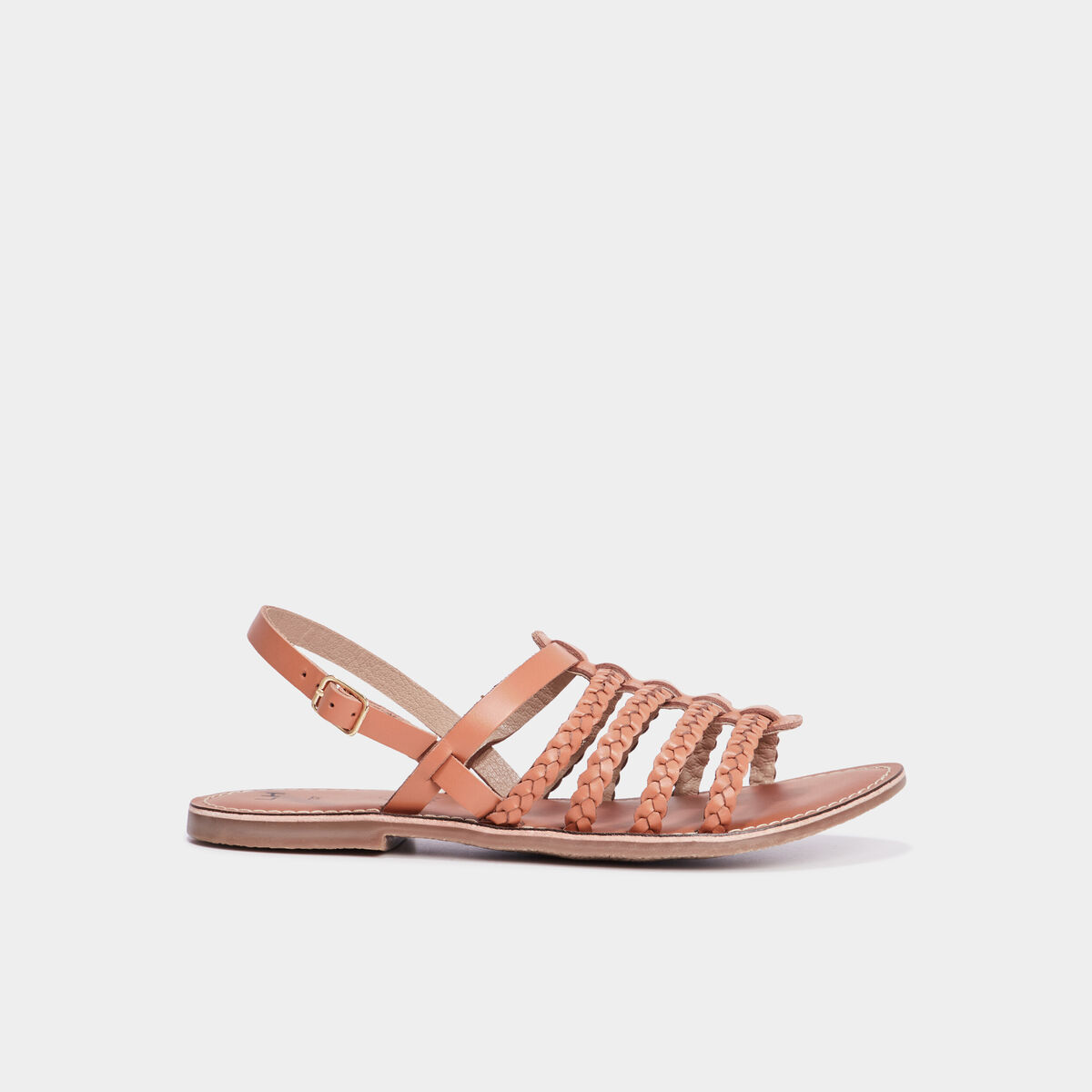 Sandales brides tress&eacute;es en cuir marron femme