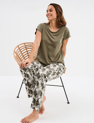 Ensemble pyjama col rond 2 pièces fluide ecru femme