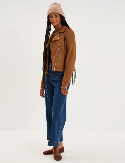Veste biker en su&eacute;dine ajust&eacute;e camel femme