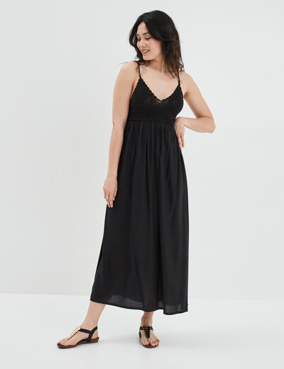 Robe longue évasée buste macramé noir femme