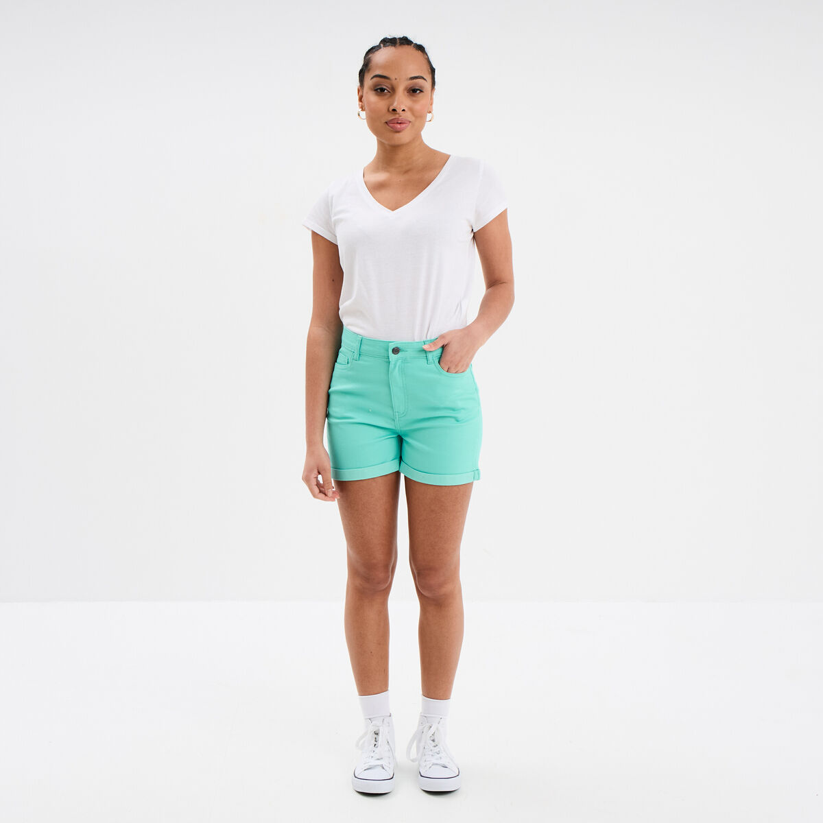 Short en jean slim coton stretch bleu turquoise femme