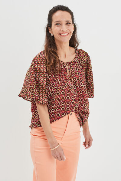 Blouse col tunisien avec cordons rose fushia femme
