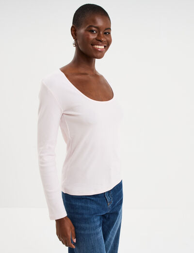 T-shirt coton stretch manches longues rose clair femme