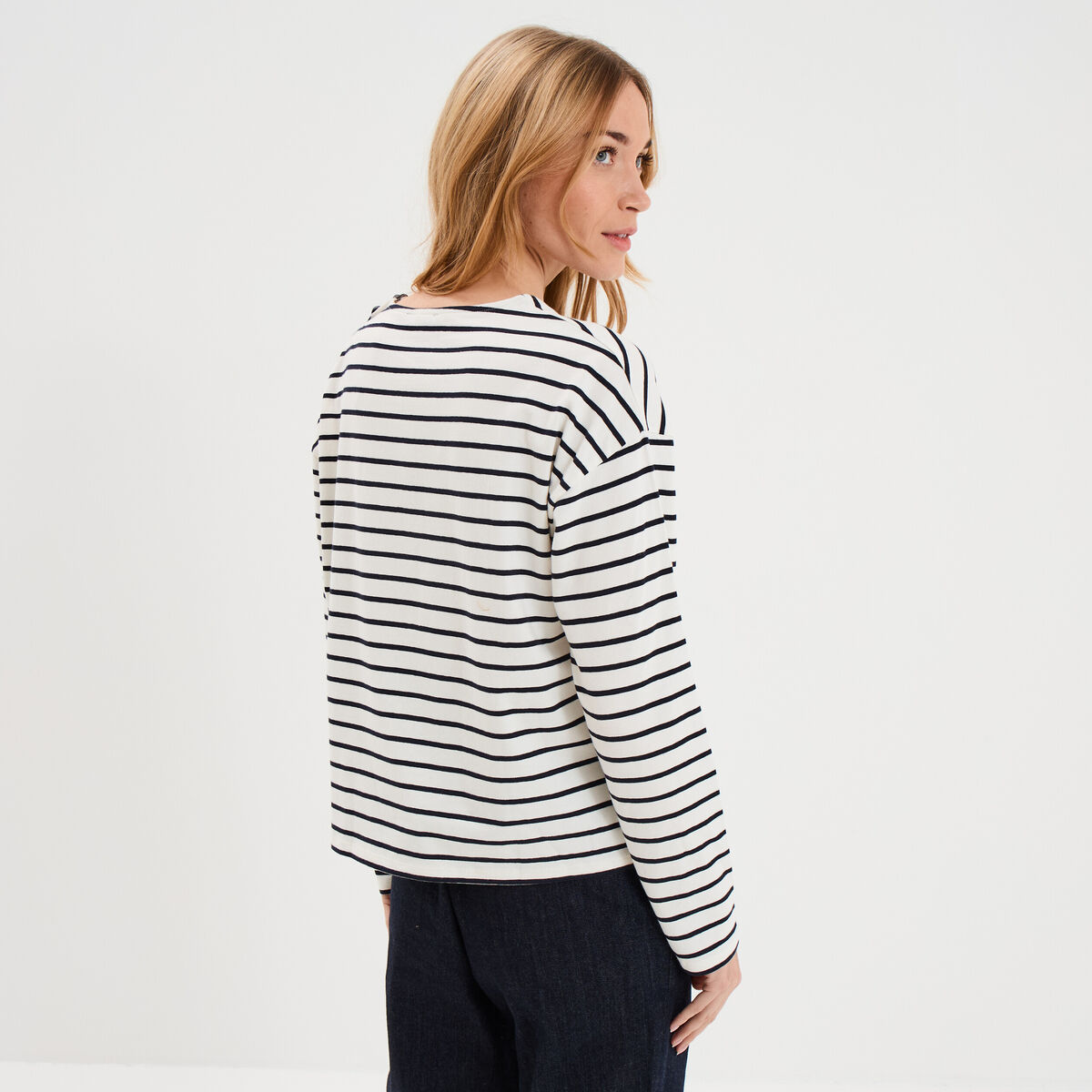T-shirt marini&egrave;re col rond avec boutons ecru femme