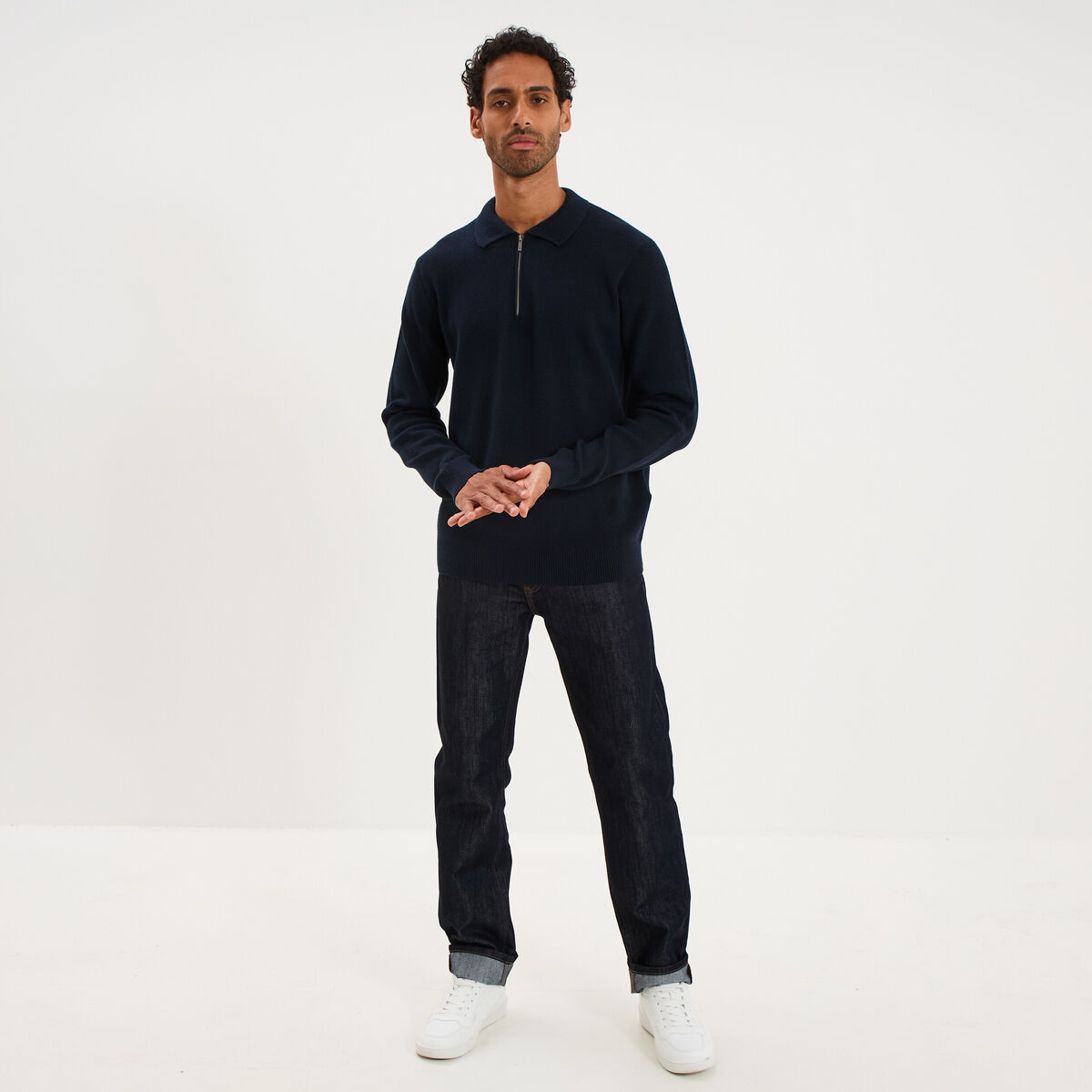 Pull col polo zipp&eacute; manches longues bleu marine homme