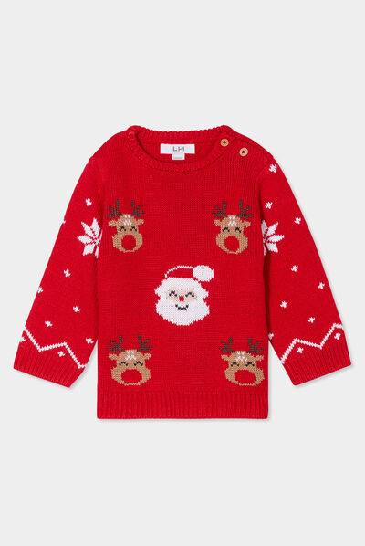 Pull de Noël épaule boutonnée col rond rouge bébé garçon
