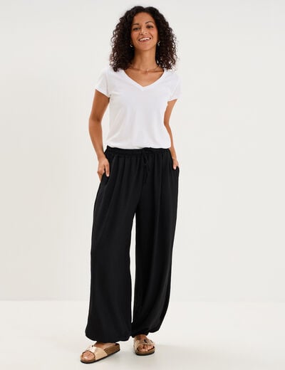Pantalon ample fluide taille &agrave; coulisse noir femme