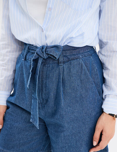Short large jean coton ceinture à nouer denim double stone femme