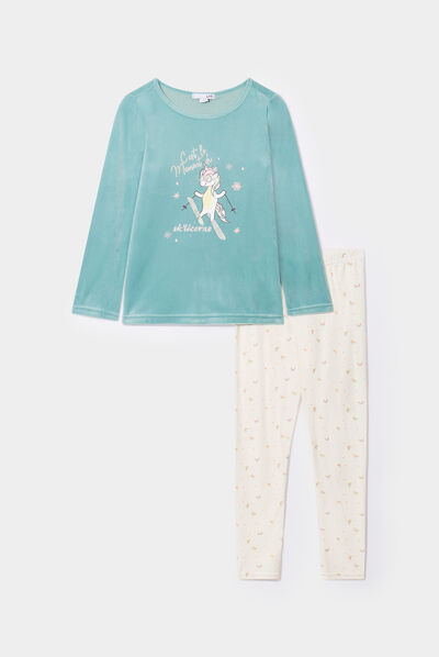 Ensemble pyjama legging t-shirt velours vert clair fille