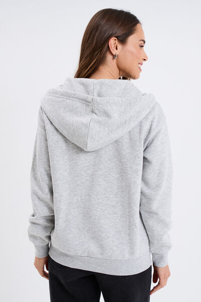 Sweat zipp&eacute; &agrave; capuche molleton gris clair femme
