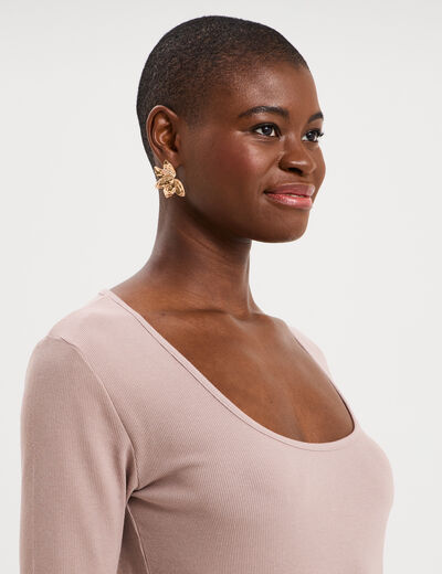 T-shirt coton stretch manches longues marron clair femme