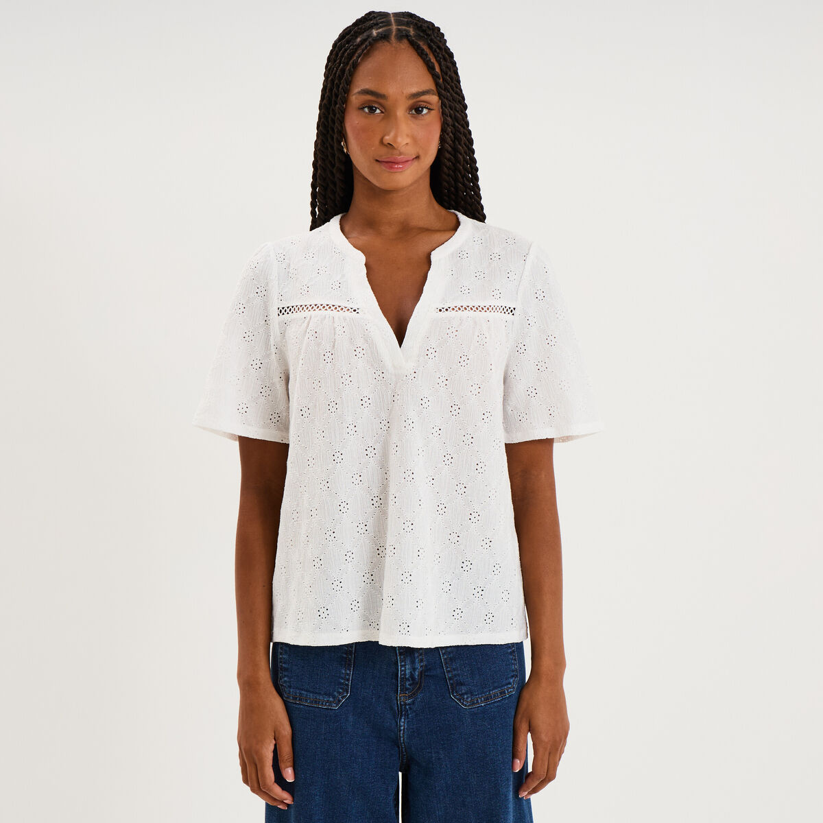 Blouse broderie anglaise manches courtes blanc femme