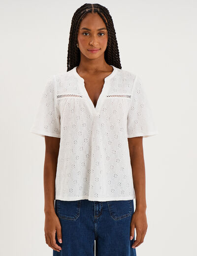 Blouse broderie anglaise manches courtes blanc femme