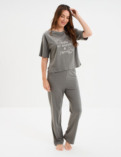 Ensemble pyjama pantalon et t-shirt vert kaki femme