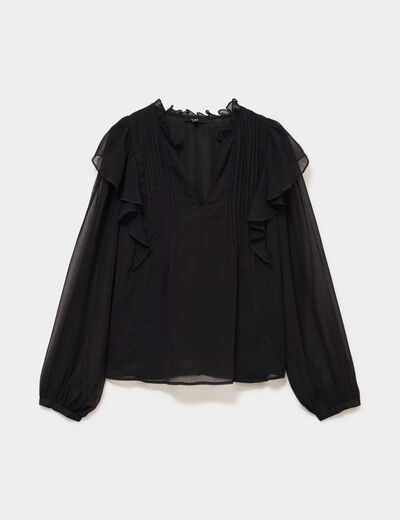 Blouse volants &eacute;paules et col noir femme