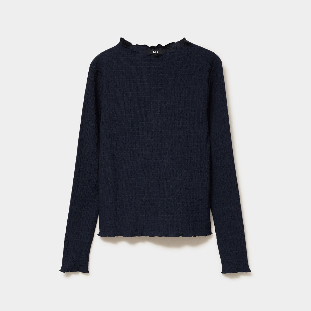 T-shirt effet gaufr&eacute; col montant bleu fonc&eacute; femme
