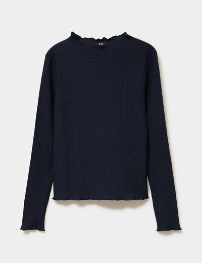 T-shirt effet gaufr&eacute; col montant bleu fonc&eacute; femme